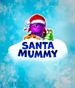  Experience the whimsical "Santa Mummy" slot game by Belatra, showcasing a Santa-clad mummy dressed in festive holiday attire. This vibrant image captures the mummy with a bright purple hue, wearing a Santa hat, amid snowy blue and icy snowflakes. The game's title, "Santa Mummy," is boldly written in large, icy blue letters.